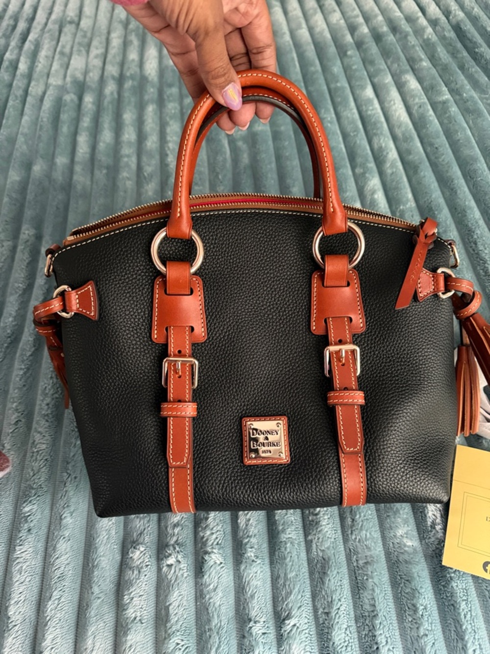 Dooney & Bourke Black Pebbled Leather Satchel with Brown Trim and Tassel - Picture 4 of 8